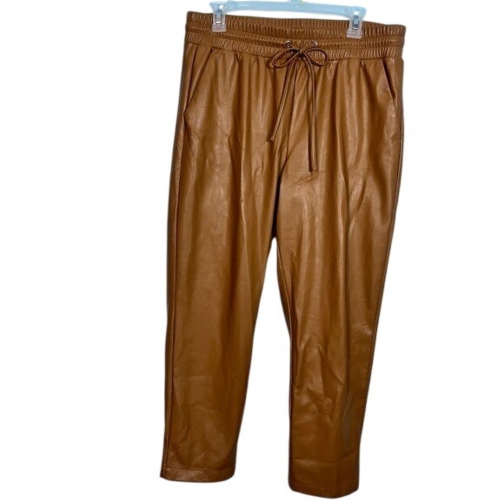 ❤️NWOT LOFT Faux Leather Women Dark Tan Baggy Pants With Elastic Waistband Large
